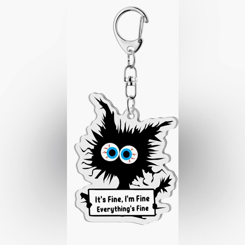 Key Chain Bag Charm - Funny Cat - It’s Fine. Everything’s Fine - Picture 6 of 7
